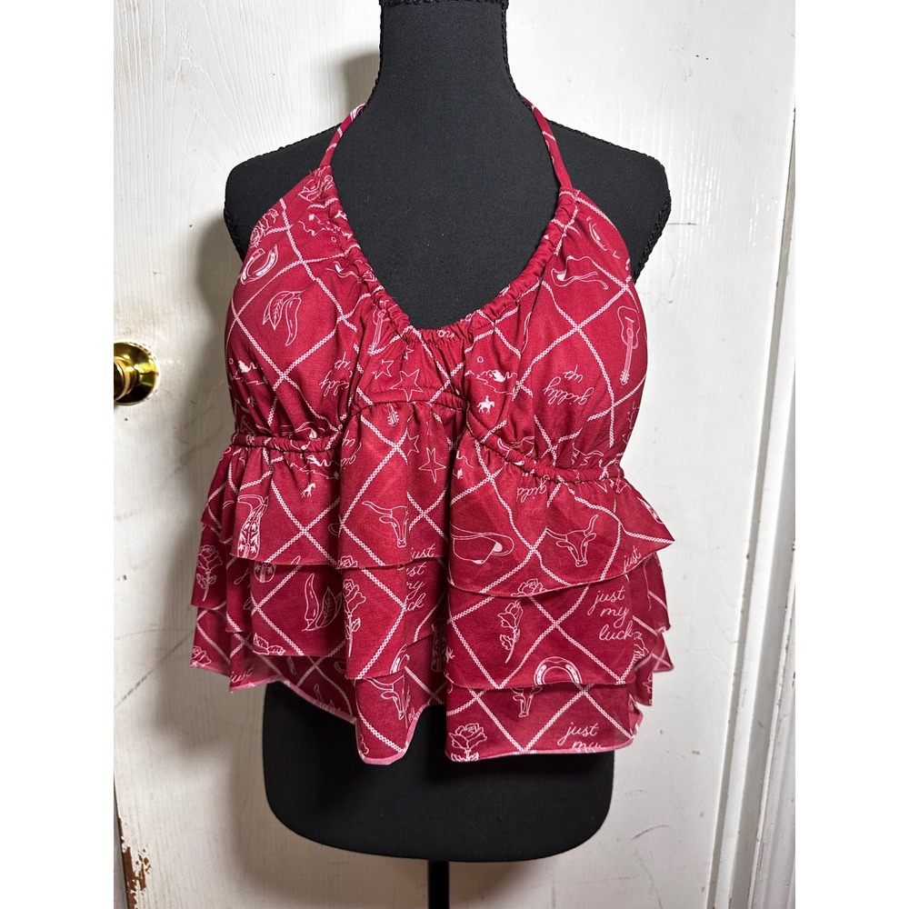 Wild Fable Red Western Graphic Ruffle Halter Top XL Cowboy Boots Horseshoe Print
